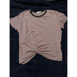 Lush Women’s Medium Striped Twist Front Crop Top Red White Blue Short Sleeve